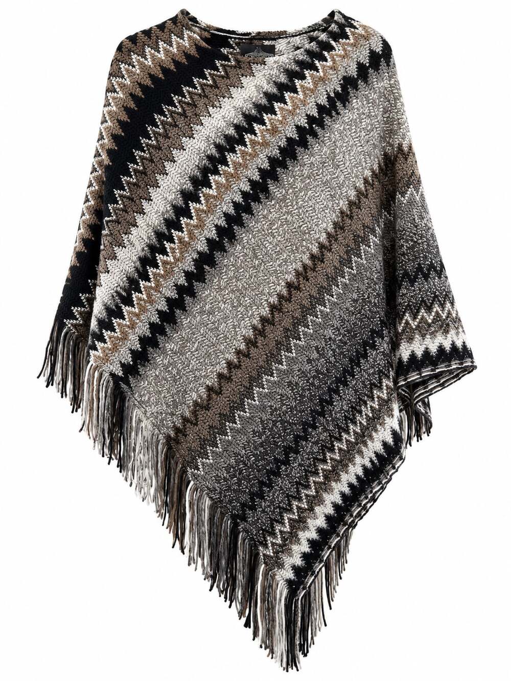 Angie Knit Poncho O/S Black Brown Chevron Fringe Sweater Cape